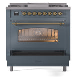 ILVE Nostalgie II 36-Inch Freestanding Natural Gas Dual Fuel Range in Blue Grey with Brass Trim (UP36FNMPBGG)