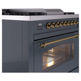 ILVE Nostalgie II 36-Inch Freestanding Natural Gas Dual Fuel Range in Blue Grey with Brass Trim (UP36FNMPBGG)