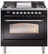 ILVE Nostalgie II 36-Inch Dual Fuel Freestanding Range in Glossy Black with Chrome Trim (UP36FNMPBKCLP)