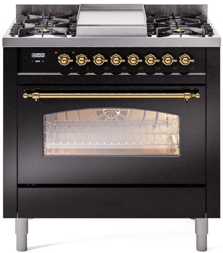 ILVE Nostalgie II 36-Inch Freestanding Natural Gas Dual Fuel Range in Glossy Black with Brass Trim (UP36FNMPBKG)