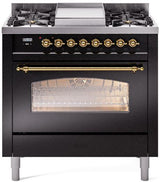 ILVE Nostalgie II 36-Inch Freestanding Natural Gas Dual Fuel Range in Glossy Black with Brass Trim (UP36FNMPBKG)