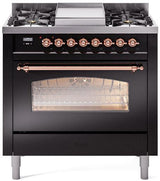 ILVE Nostalgie II 36-Inch Dual Fuel Freestanding Range in Glossy Black with Copper Trim (UP36FNMPBKPLP)