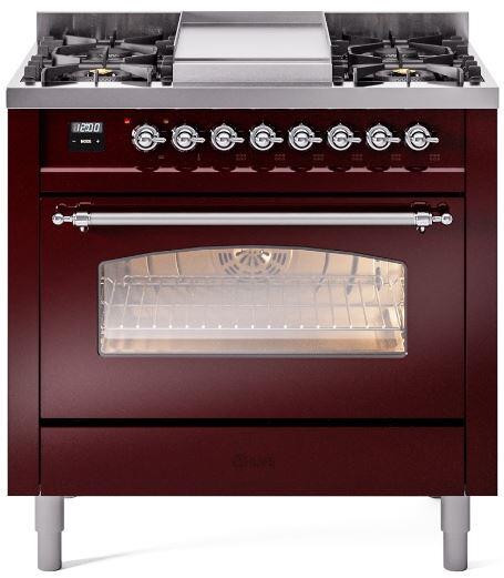 ILVE Nostalgie II 36-Inch Dual Fuel Freestanding Range in Burgundy with Chrome Trim (UP36FNMPBUCLP)
