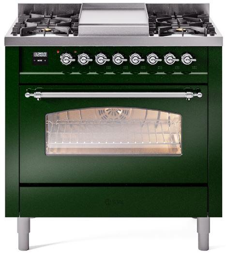 ILVE Nostalgie II 36-Inch Dual Fuel Freestanding Range in Emerald Green with Chrome Trim (UP36FNMPEGCLP)