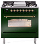 ILVE Nostalgie II 36-Inch Freestanding Natural Gas Dual Fuel Range in Emerald Green with Brass Trim (UP36FNMPEGG)