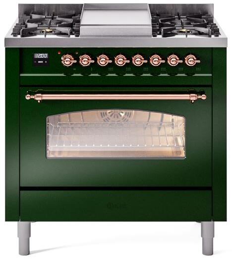 ILVE Nostalgie II 36-Inch Dual Fuel Freestanding Range in Emerald Green with Copper Trim (UP36FNMPEGPLP)