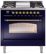 ILVE Nostalgie II 36-Inch Dual Fuel Freestanding Range in Midnight Blue with Brass Trim (UP36FNMPMBGLP)