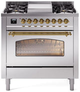 ILVE Nostalgie II 36-Inch Freestanding Natural Gas Dual Fuel Range in Stainless Steel with Brass Trim (UP36FNMPSSG)