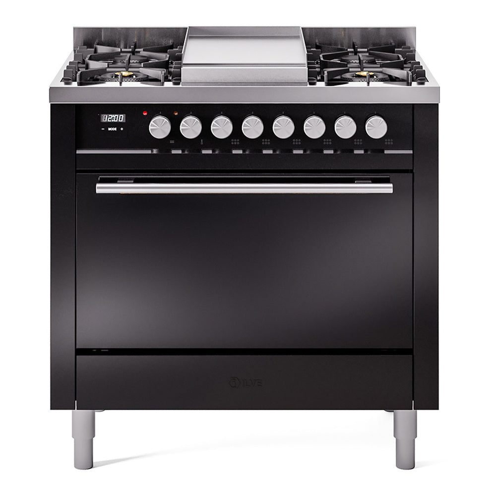 ILVE 36-Inch Professional Plus II Propane Gas Dual Fuel Range with 6 Burners and Solid Door in Glossy Black (UP36FQMPBKLP)