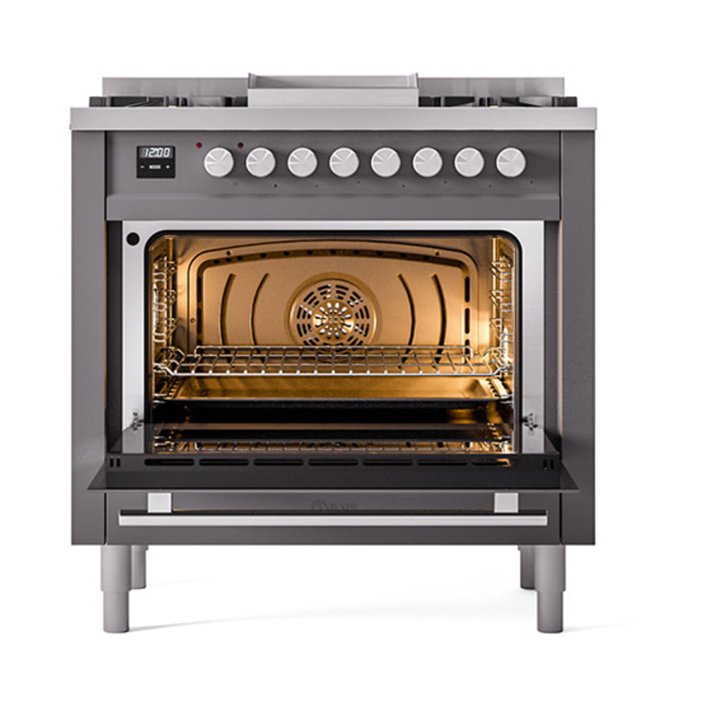 ILVE 36-Inch Professional Plus II Propane Gas Dual Fuel Range with 6 Burners and Solid Door in Matte Graphite (UP36FQMPMGLP)