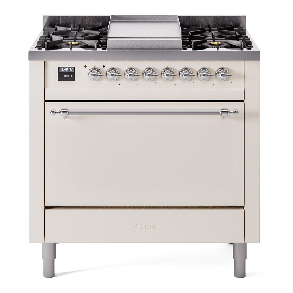 ILVE 36-Inch Nostalgie II Propane Gas Dual Fuel Range with Solid Door Oven, 6 Burners in Antique White with Chrome Trim (UP36FQNMPAWCLP)