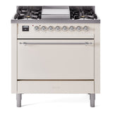 ILVE 36-Inch Nostalgie II Propane Gas Dual Fuel Range with Solid Door Oven, 6 Burners in Antique White with Chrome Trim (UP36FQNMPAWCLP)