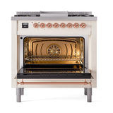 ILVE 36-Inch Nostalgie II Propane Gas Dual Fuel Range with 6 Burners and Solid Door Oven in Antique White with Copper Trim (UP36FQNMPAWPLP)