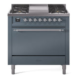 ILVE 36-Inch Nostalgie II Propane Gas Dual Fuel Range with 6 Burners and Solid Door Oven in Blue Grey with Chrome Trim (UP36FQNMPBGCLP)