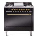 ILVE 36-Inch Nostalgie II Natural Gas Dual Fuel Range with 6 Burners and Solid Door Oven in Glossy Black with Brass Trim (UP36FQNMPBKG)