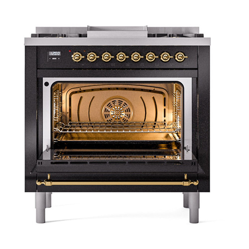 ILVE 36-Inch Nostalgie II Natural Gas Dual Fuel Range with 6 Burners and Solid Door Oven in Glossy Black with Brass Trim (UP36FQNMPBKG)