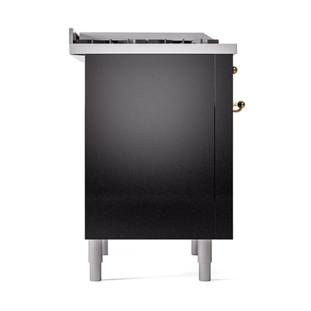 ILVE 36-Inch Nostalgie II Natural Gas Dual Fuel Range with 6 Burners and Solid Door Oven in Glossy Black with Brass Trim (UP36FQNMPBKG)