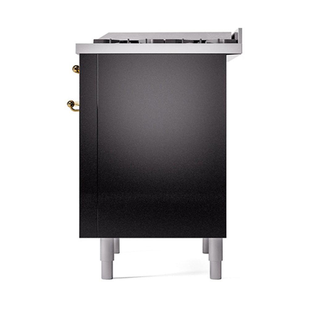 ILVE 36-Inch Nostalgie II Natural Gas Dual Fuel Range with 6 Burners and Solid Door Oven in Glossy Black with Brass Trim (UP36FQNMPBKG)