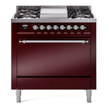 ILVE 36-Inch Nostalgie II Propane Gas Dual Fuel Range with 6 Burners and Solid Door Oven in Burgundy with Chrome Trim (UP36FQNMPBUCLP)