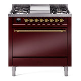 ILVE 36-Inch Nostalgie II Natural Gas Dual Fuel Range with 6 Burners and Solid Door Oven in Burgundy with Brass Trim (UP36FQNMPBUG)