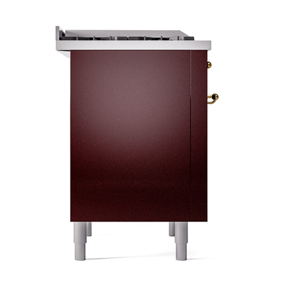 ILVE 36-Inch Nostalgie II Natural Gas Dual Fuel Range with 6 Burners and Solid Door Oven in Burgundy with Brass Trim (UP36FQNMPBUG)
