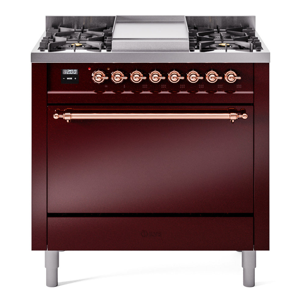ILVE 36-Inch Nostalgie II Propane Gas Dual Fuel Range with 6 Burners and Solid Door Oven in Burgundy with Copper Trim (UP36FQNMPBUPLP)