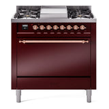 ILVE 36-Inch Nostalgie II Propane Gas Dual Fuel Range with 6 Burners and Solid Door Oven in Burgundy with Copper Trim (UP36FQNMPBUPLP)