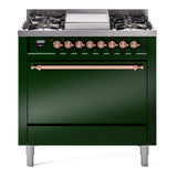 ILVE 36-Inch Nostalgie II Propane Gas Dual Fuel Range with 6 Burners and Solid Door Oven in Emerald Green with Copper Trim (UP36FQNMPEGPLP)