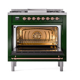 ILVE 36-Inch Nostalgie II Propane Gas Dual Fuel Range with 6 Burners and Solid Door Oven in Emerald Green with Copper Trim (UP36FQNMPEGPLP)
