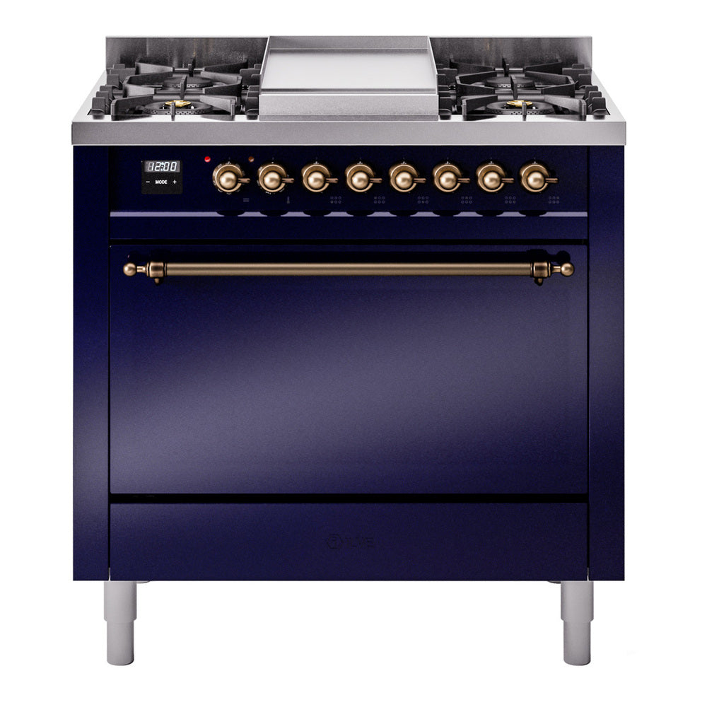 ILVE 36-Inch Nostalgie II Natural Gas Dual Fuel Range with 6 Burners and Solid Door Oven in Midnight Blue with Bronze Trim (UP36FQNMPMBB)