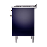 ILVE 36-Inch Nostalgie II Natural Gas Dual Fuel Range with 6 Burners and Solid Door Oven in Midnight Blue with Bronze Trim (UP36FQNMPMBB)