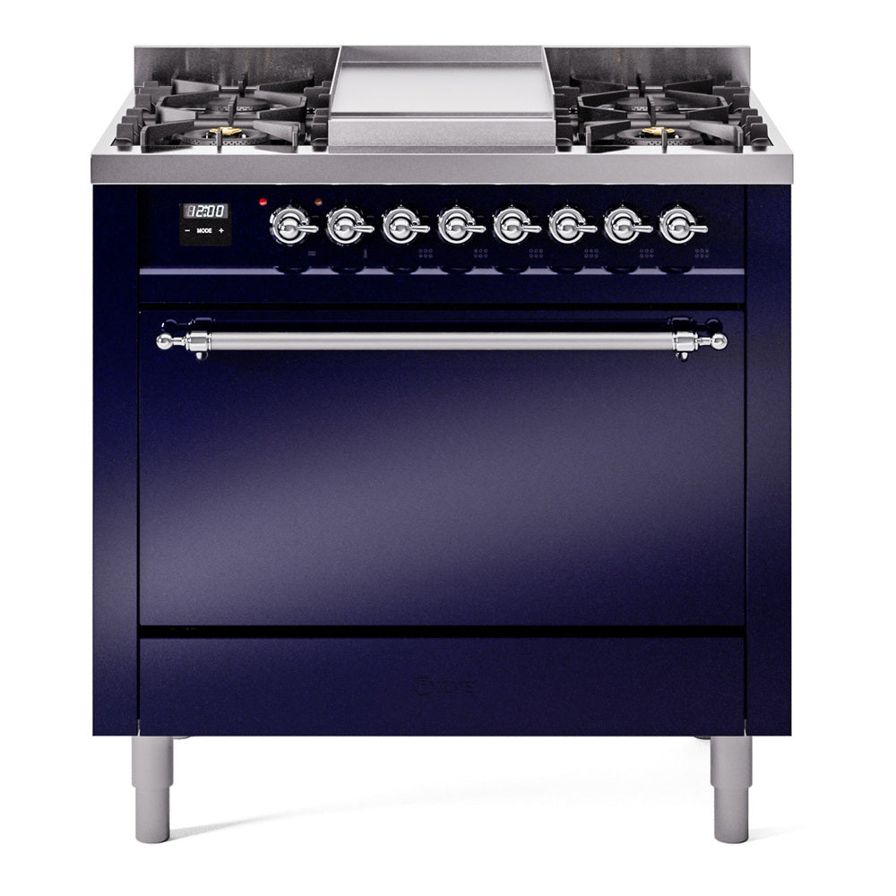 ILVE 36-Inch Nostalgie II Propane Gas Dual Fuel Range with 6 Burners and Solid Door Oven in Midnight Blue with Chrome Trim (UP36FQNMPMBCLP)