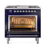 ILVE 36-Inch Nostalgie II Propane Gas Dual Fuel Range with 6 Burners and Solid Door Oven in Midnight Blue with Chrome Trim (UP36FQNMPMBCLP)