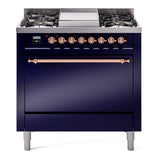 ILVE 36-Inch Nostalgie II Natural Gas Dual Fuel Range with 6 Burners and Solid Door Oven in Midnight Blue with Copper Trim (UP36FQNMPMBP)