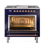 ILVE 36-Inch Nostalgie II Natural Gas Dual Fuel Range with 6 Burners and Solid Door Oven in Midnight Blue with Copper Trim (UP36FQNMPMBP)
