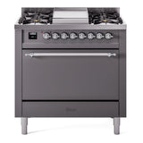 ILVE 36-Inch Nostalgie II Propane Gas Dual Fuel Range with 6 Burners and Solid Door Oven in Matte Graphite with Chrome Trim (UP36FQNMPMGCLP)