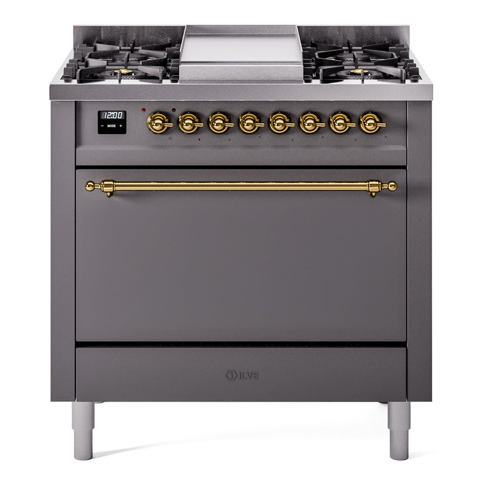 ILVE 36-Inch Nostalgie II Natural Gas Dual Fuel Range with 6 Burners and Solid Door Oven in Matte Graphite with Brass Trim (UP36FQNMPMGG)