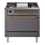 ILVE 36-Inch Nostalgie II Natural Gas Dual Fuel Range with 6 Burners and Solid Door Oven in Matte Graphite with Brass Trim (UP36FQNMPMGG)