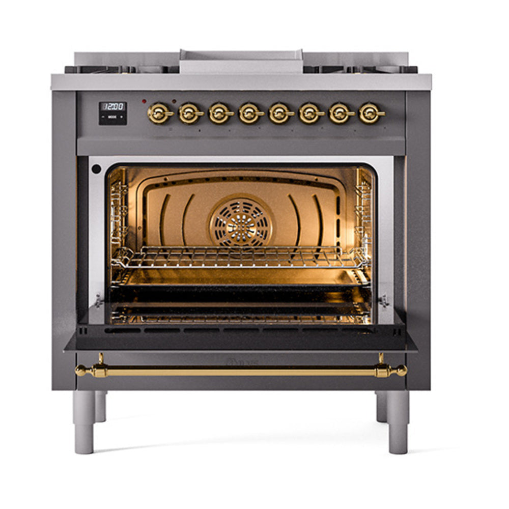 ILVE 36-Inch Nostalgie II Natural Gas Dual Fuel Range with 6 Burners and Solid Door Oven in Matte Graphite with Brass Trim (UP36FQNMPMGG)