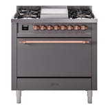 ILVE 36-Inch Nostalgie II Propane Gas Dual Fuel Range with 6 Burners and Solid Door Oven in Matte Graphite with Copper Trim (UP36FQNMPMGPLP)