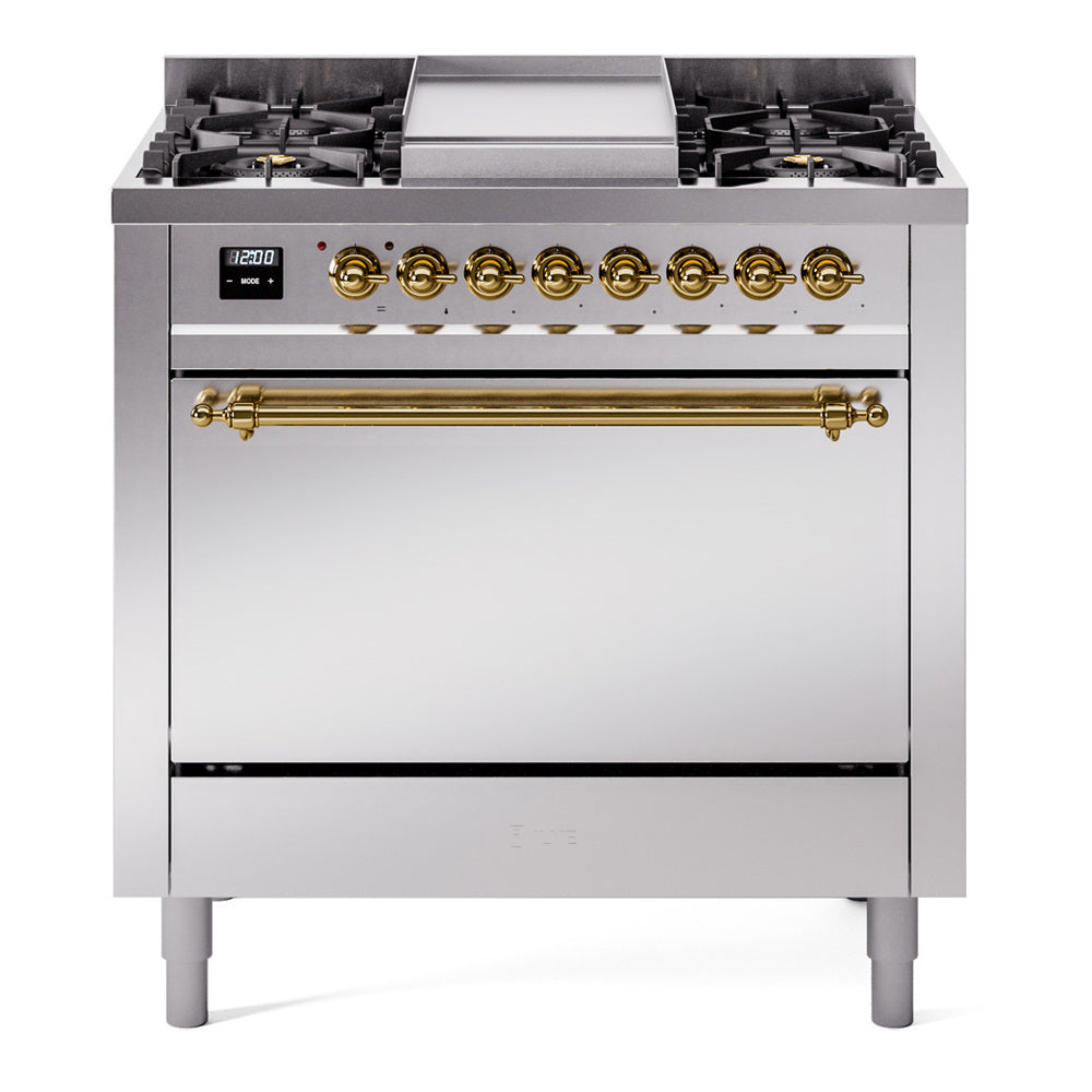 ILVE 36-Inch Nostalgie II Propane Gas Dual Fuel Range with 6 Burners and Solid Door Oven in Stainless Steel with Brass Trim (UP36FQNMPSSGLP)