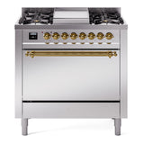 ILVE 36-Inch Nostalgie II Propane Gas Dual Fuel Range with 6 Burners and Solid Door Oven in Stainless Steel with Brass Trim (UP36FQNMPSSGLP)