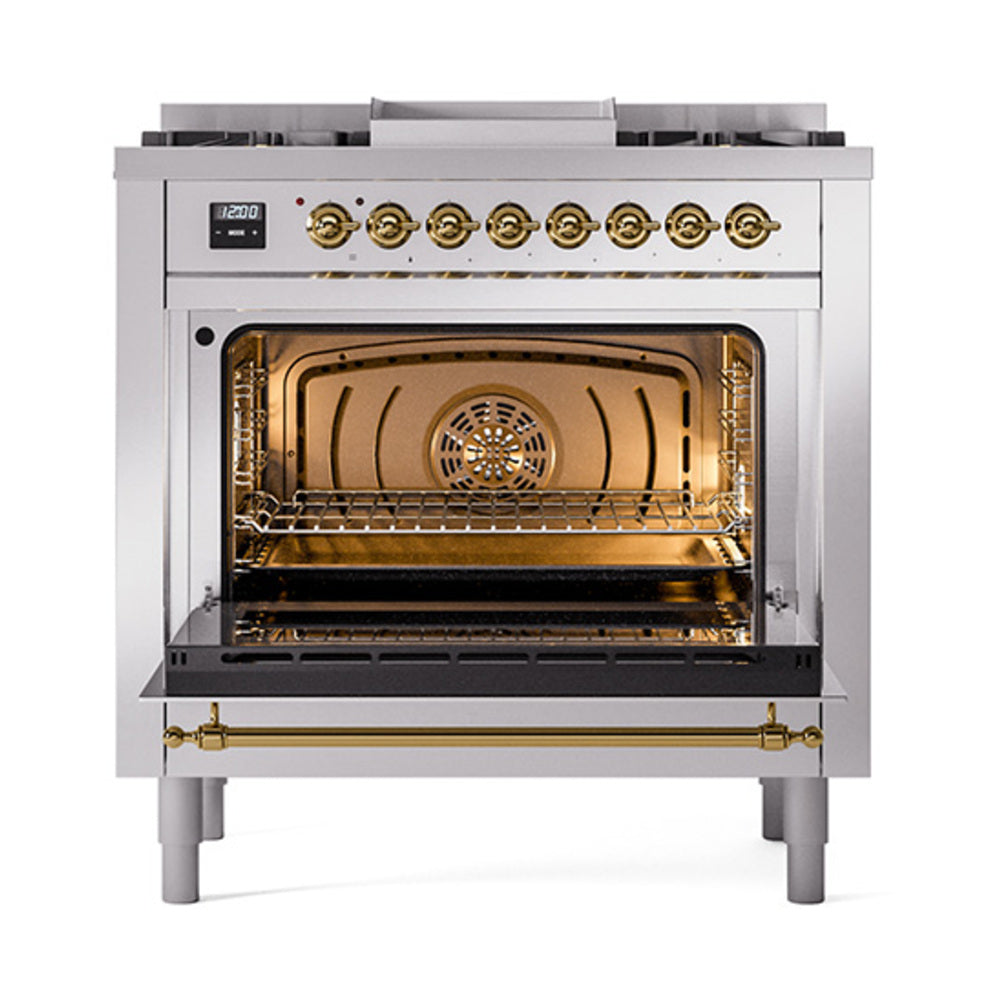 ILVE 36-Inch Nostalgie II Propane Gas Dual Fuel Range with 6 Burners and Solid Door Oven in Stainless Steel with Brass Trim (UP36FQNMPSSGLP)