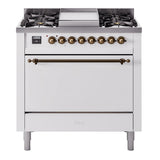 ILVE 36-Inch Nostalgie II Natural Gas Dual Fuel Range with 6 Burners and Solid Door Oven in White with Bronze Trim (UP36FQNMPWHB)