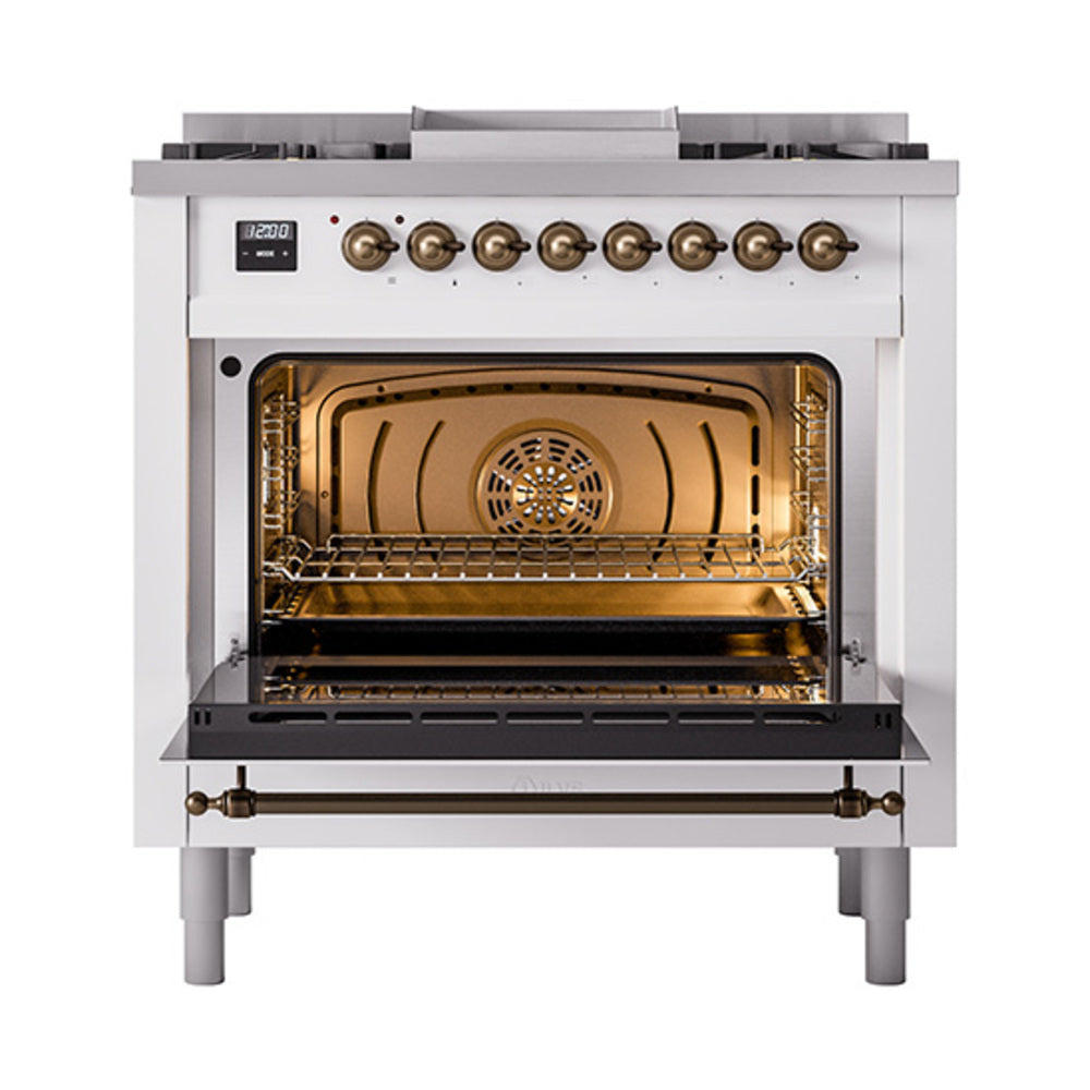 ILVE 36-Inch Nostalgie II Natural Gas Dual Fuel Range with 6 Burners and Solid Door Oven in White with Bronze Trim (UP36FQNMPWHB)