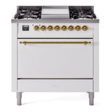 ILVE 36-Inch Nostalgie II Natural Gas Dual Fuel Range with 6 Burner and Solid Door Oven in White with Brass Trim (UP36FQNMPWHG)