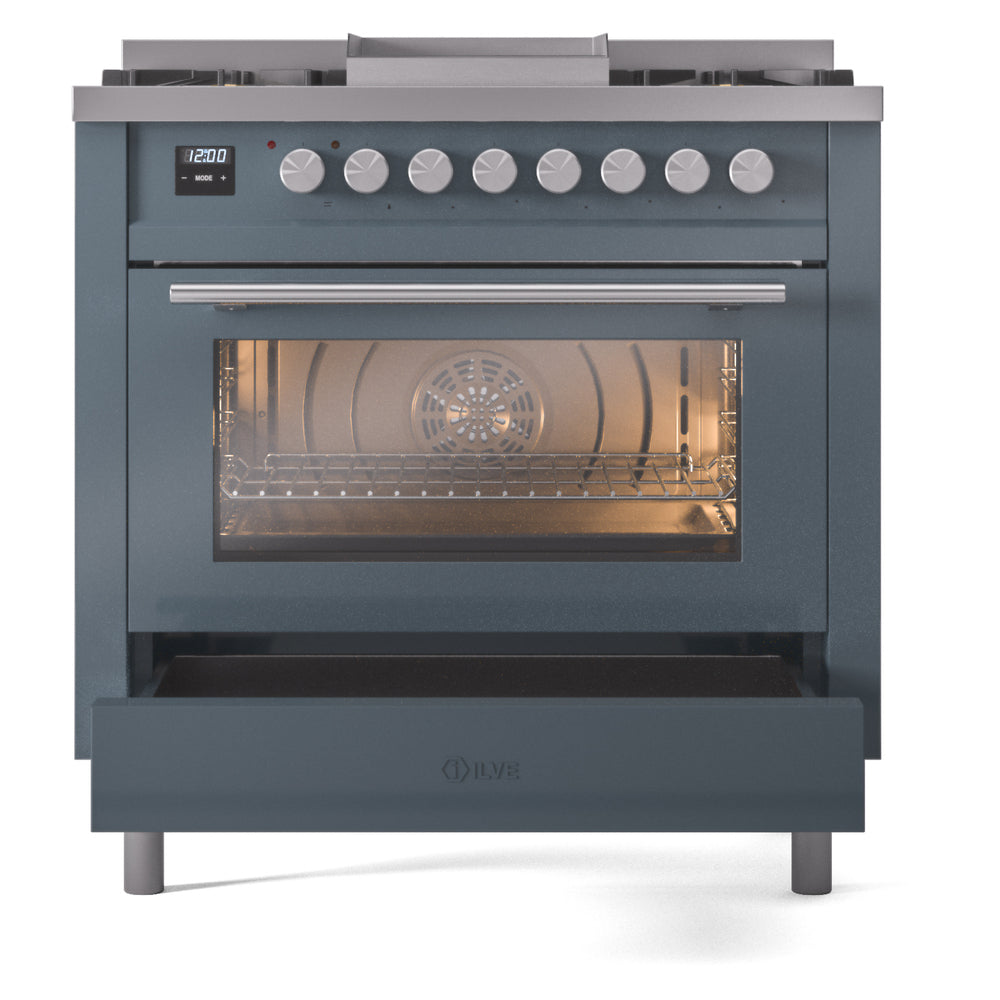 ILVE 36-Inch Professional Plus II Freestanding Natural Gas Dual Fuel Range with 6 Sealed Burner in Blue Grey (UP36FWMPBG)