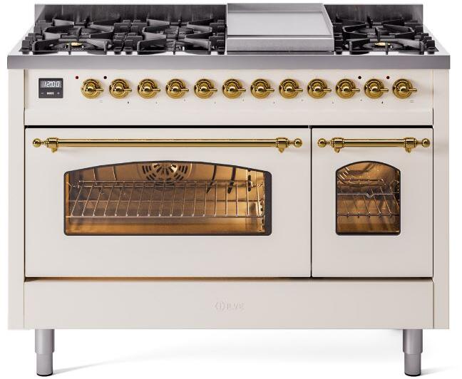 ILVE Nostalgie II 48-Inch Freestanding Natural Gas Dual Fuel Range in Antique White with Brass Trim (UP48FNMPAWG)