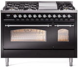ILVE Nostalgie II 48-Inch Freestanding Natural Gas Dual Fuel Range in Glossy Black with Chrome Trim (UP48FNMPBKC)