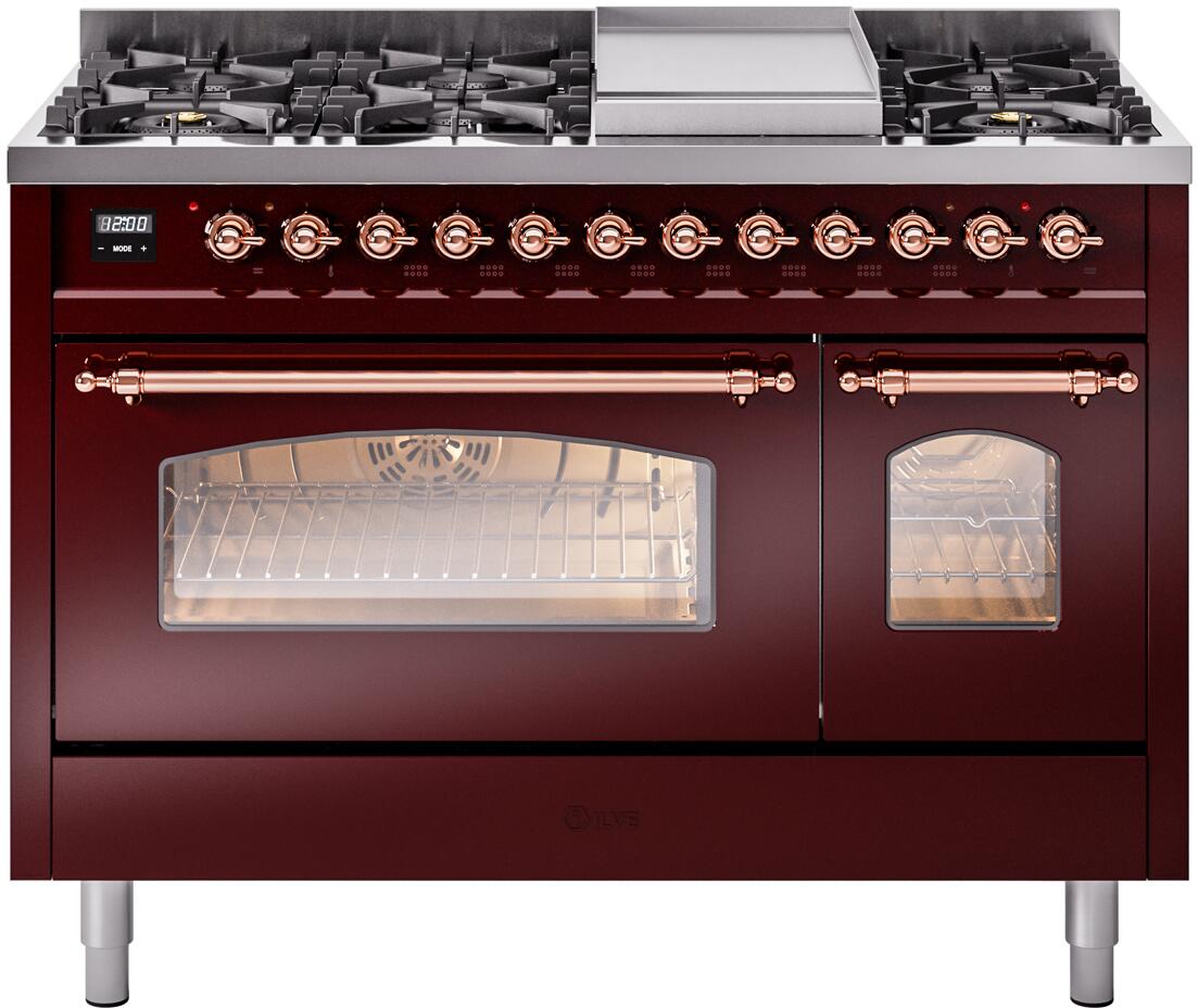 ILVE Nostalgie II 48-Inch Freestanding Natural Gas Dual Fuel Range in Burgundy with Copper Trim (UP48FNMPBUP)